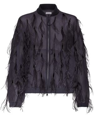 Brunello Cucinelli Feather-Embellished Satin Jacket - Blue