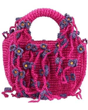 MADE FOR A WOMAN Flower-Embellished Raffia Tote Bag - Pink