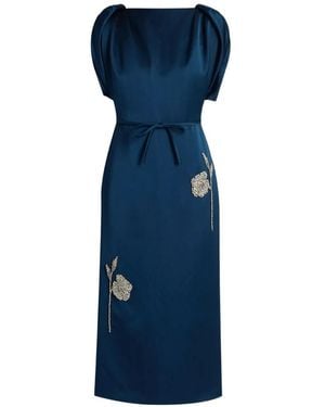 Erdem Embroidered Satin Midi Party Dress - Blue