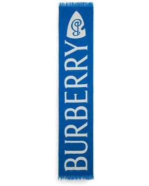 Burberry Logo-Intarsia Fringed Scarf - Blue