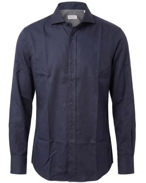 Brunello Cucinelli Garment-Dyed Twill Shirt With Spread Collar - Blue