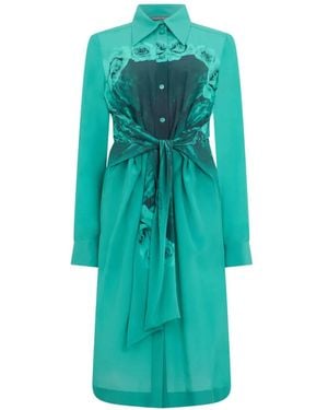 Alberta Ferretti Rose-Print Belted Midi Shirt Dress - Blue