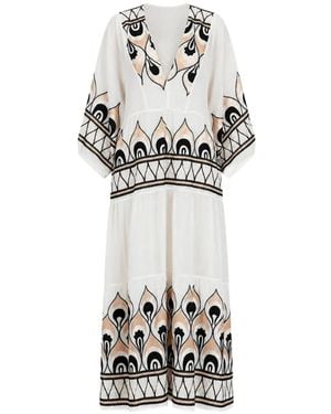 Greek Archaic Kori Feather-Embroidered Tiered Midi Dress - White
