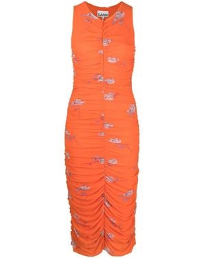 Ganni Rose-Print Ruched Mesh Dress - Orange