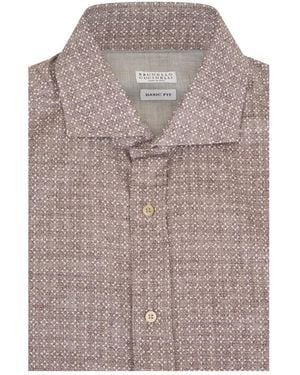 Brunello Cucinelli Geometric-Print Spread-Collar Shirt - Grey