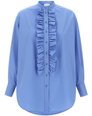 Nude Mandarin-Collar Ruffled Shirt - Blue