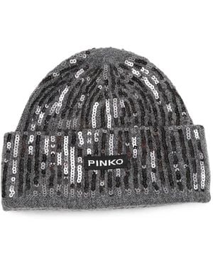 Pinko Sequin-Embellished Ribbed-Knit Beanie Hat - Grey