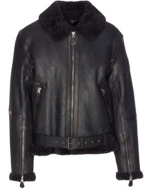Belstaff Fur-Collar Zip-Pocket Leather Jacket - Black