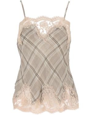 Ermanno Scervino Check-Print Lace-Trim Top - Natural
