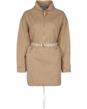 Prada Belted Half-Zipped Coat - Natural