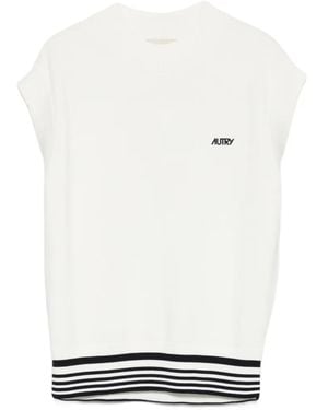 Autry Logo-Print Striped-Hem Top - White