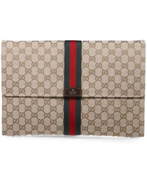 Gucci Medium Gg Supreme Web-Stripe Clutch Bag - Brown