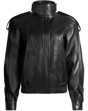 DUCIE Fiona Leather Bomber Jacket - Black
