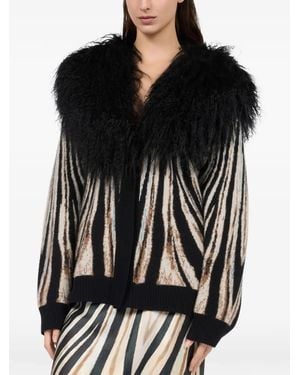 Roberto Cavalli Zebra-Print Shearling-Collar Cardigan - Black