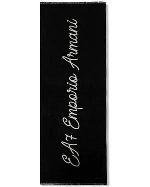 EA7 Logo-Script Frayed-Edge Scarf - Black