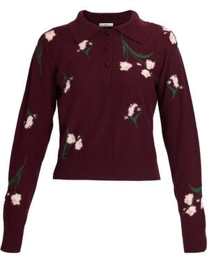 Erdem Floral-Knit Polo-Collar Sweater - Red