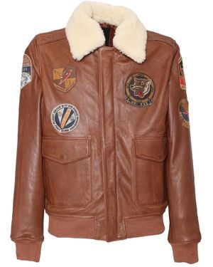 Schott Nyc Patch-detailed Leather Bomber Jacket - ブラウン
