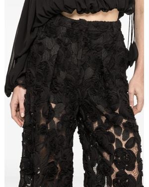 Nissa Floral-Embroidered Wide-Leg Trousers - Black