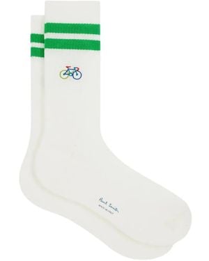 Paul Smith Bike-Embroidered Striped-Trim Socks - White