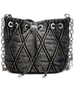 DIESEL Small Charm-D Quilted Chain Bucket Bag - Black