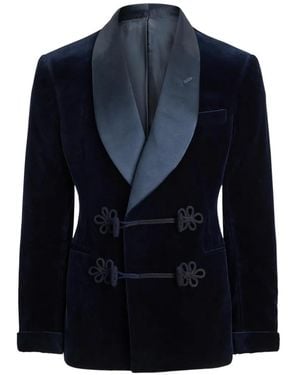Ralph Lauren Astaire Double-Breasted Velvet-Texture Cotton Blazer - Blue