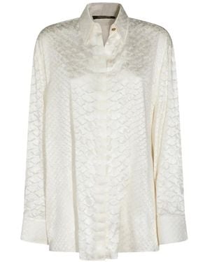 Roberto Cavalli Wide Viscose And Silk Blend Shirt With Flocked Serpentine Print - White