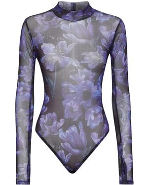 Philipp Plein Floral-Print Long-Sleeved Bodysuit - Blue