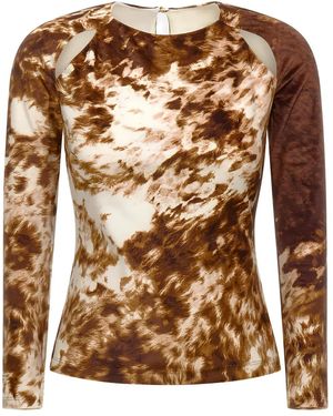 Roberto Cavalli Cut-Out Printed Long-Sleeve Top - Brown