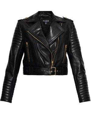 Balmain Chaqueta de piel con cremallera asimétrica - Negro