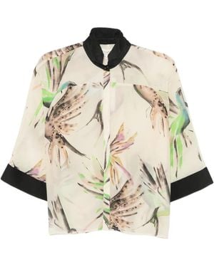 Psophia Bird-Print Wide-Sleeve Shirt - Natural