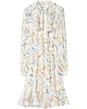 Burberry Ruffled Feather-Print Silk Dress - White