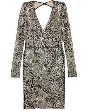 Naeem Khan Floral-Beaded V-Neck Dress - Gray