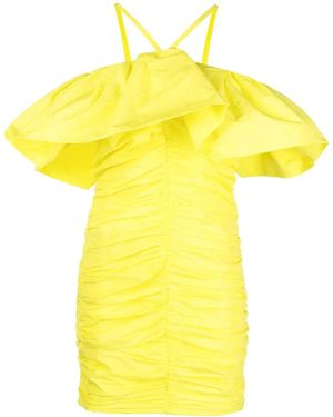 MSGM Ruched Ruffle-Trim Mini Dress - Yellow