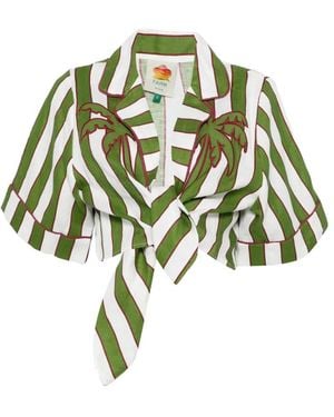FARM Rio Striped Short-Sleeve Cropped Blouse - Green
