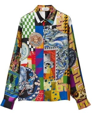 Versace Camisa De Seda Y Sarga Estampada - Azul