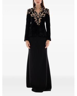 Dina Melwani Embroidered Velvet Maxi Dress - Black