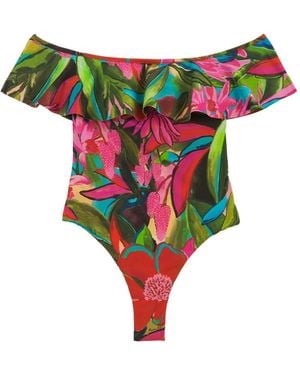 FARM Rio Jardin De Reve Floral-Print Ruffled Swimsuit - Green