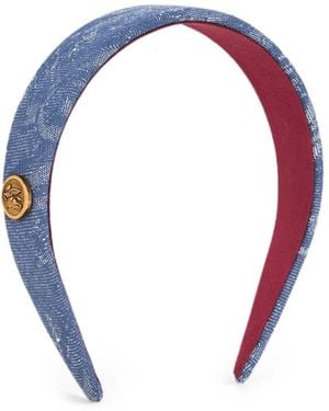 Etro Cotton And Linen Jacquard Denim Hair Band With Leafy Motif - Blue