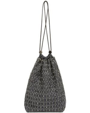 Fabiana Filippi Moonlight Bead-Embellished Drawstring Bucket Bag - White