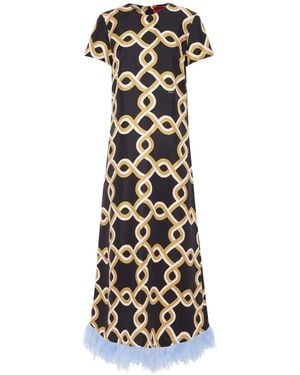 La DoubleJ Silk Feather-Trim Swing Dress - White
