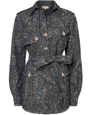 Temperley London Floral-Print Belted Denim Jacket - Gray