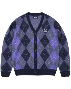 Palace X Fred Perry Cardigan En Maille Intarsia À Losanges - Bleu