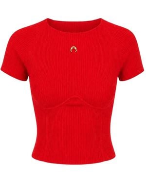 Marine Serre Moon-Plaque Ribbed-Knit Top - Red