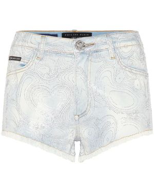 Philipp Plein Abstract-Pattern Print Denim Shorts - White
