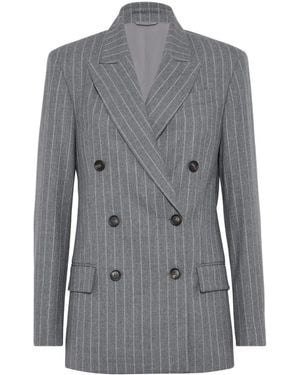Brunello Cucinelli Pinstripe Double-Breasted Blazer - Gray