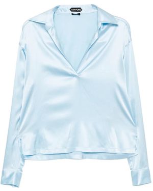 Tom Ford Logo-Embroidered Satin Polo Top - Blue