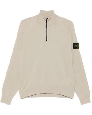 Stone Island Logo-Patch Zip-Neck Jumper - Natural