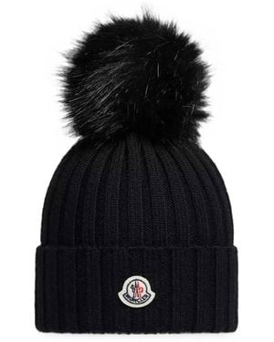 Moncler Pom-Pom Rib-Knit Beanie Hat - Black