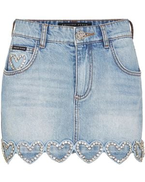 Philipp Plein Heart-Embellished Denim Skirt - Blue