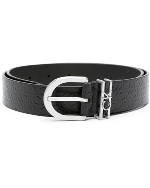 Calvin Klein Debossed Logo-Print Leather Belt - Black